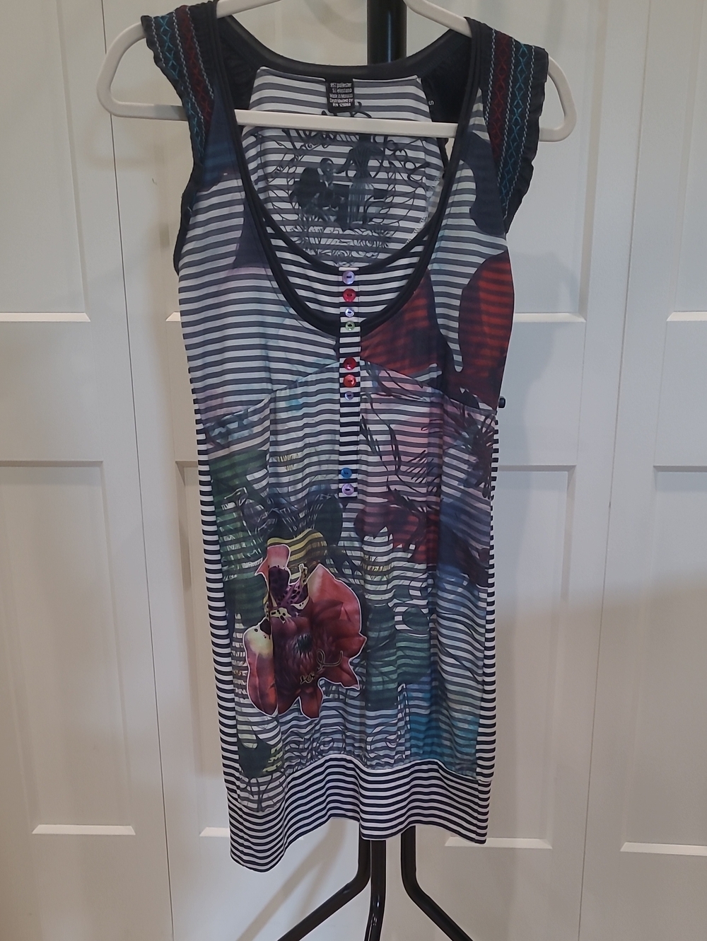 DESIGUAL Striped Floral Sleeveless Tunic Dress - Navy & Multicolor